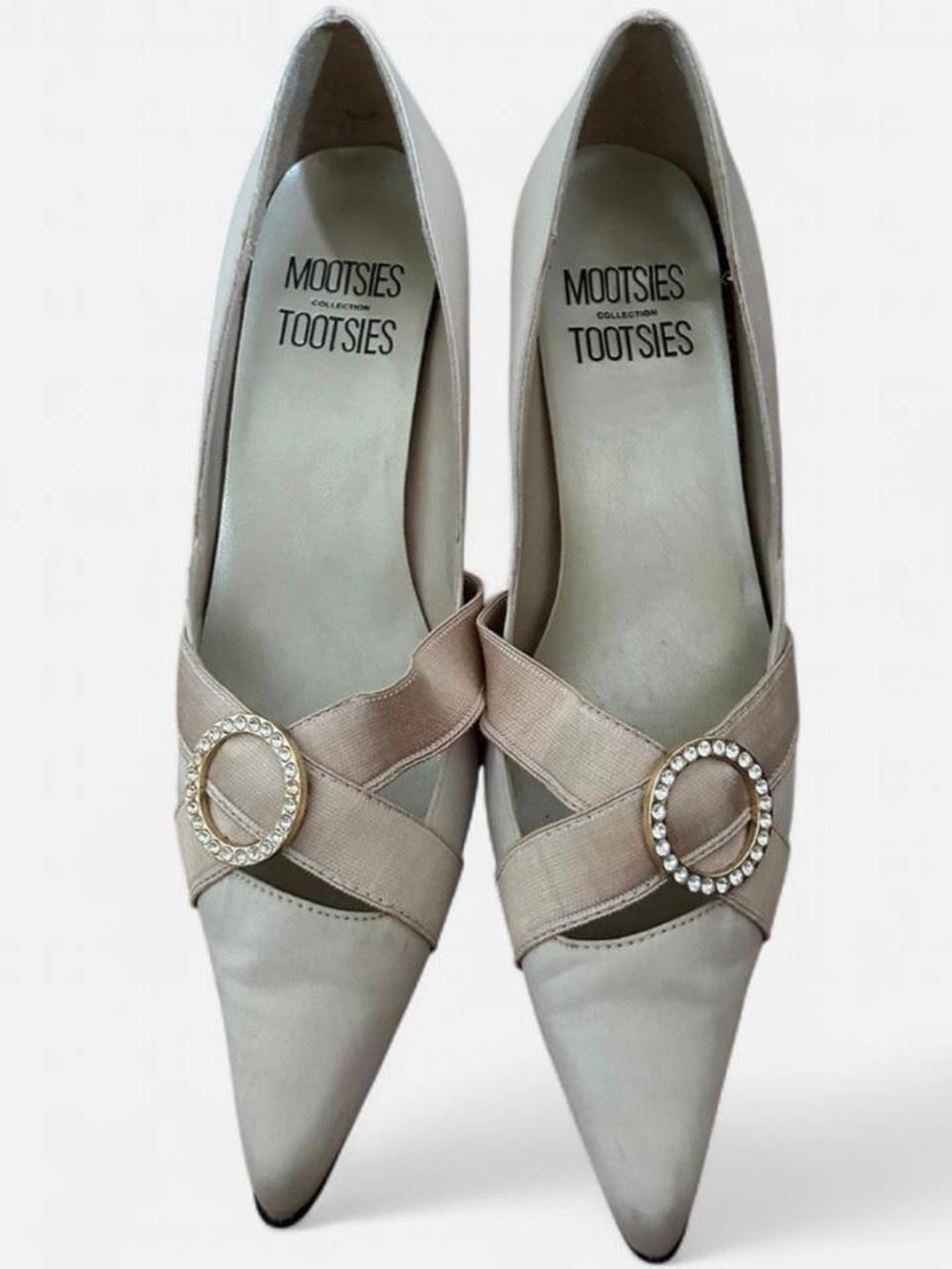 Mootsies Tootsies Champagne Beige Pointed Toe Flats with Rhinestone Buckles